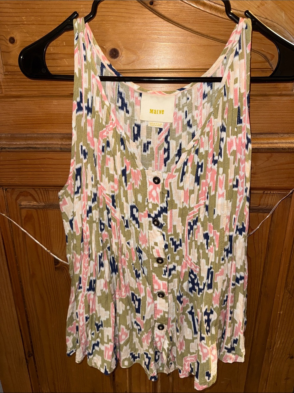 Maeve Printed Button-Front Tank — Olive, Pink & Navy